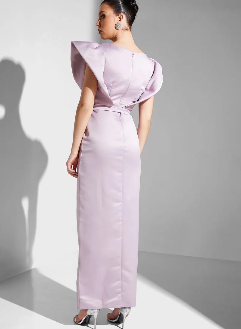 Iyra Bell Sleeve Belted Side Slit Dress