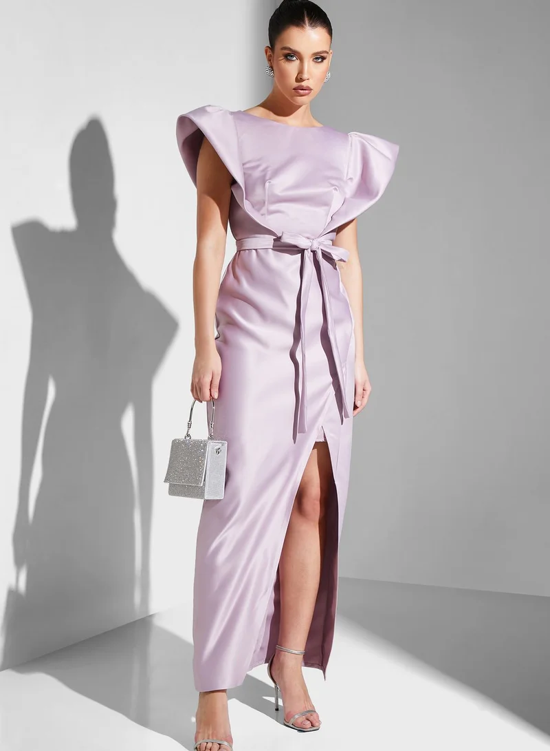 Iyra Bell Sleeve Belted Side Slit Dress