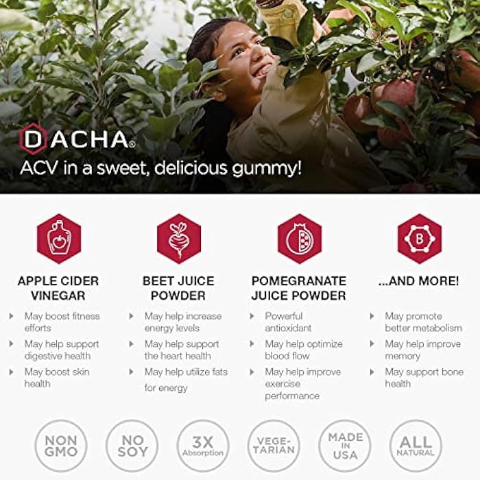 DACHA Premium Apple Cider Vinegar Gummies – 80 Count, 1000mg Raw, Organic, Unfiltered ACV from The Mother, Not Sticky, Immune, Detox, Fitness & Acid Reflux Heartburn Pomegranate Beet Root Vitamin B9 B12 - Image 4