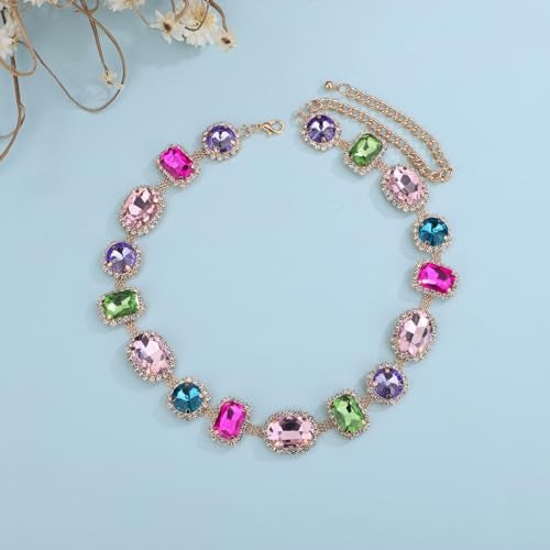Xerling Bridal Wedding Multi-colored Gemstone Crystal Choker Necklace Heavy Chunky Color Necklace Geometric Gem Stone Rhinestone Statement Necklace - Image 4