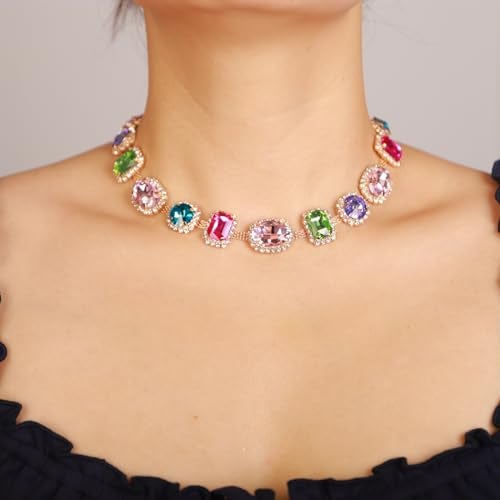 Xerling Bridal Wedding Multi-colored Gemstone Crystal Choker Necklace Heavy Chunky Color Necklace Geometric Gem Stone Rhinestone Statement Necklace - Image 3