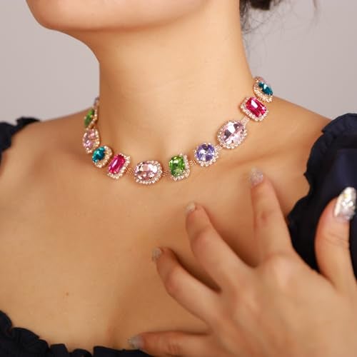 Xerling Bridal Wedding Multi-colored Gemstone Crystal Choker Necklace Heavy Chunky Color Necklace Geometric Gem Stone Rhinestone Statement Necklace - Image 2