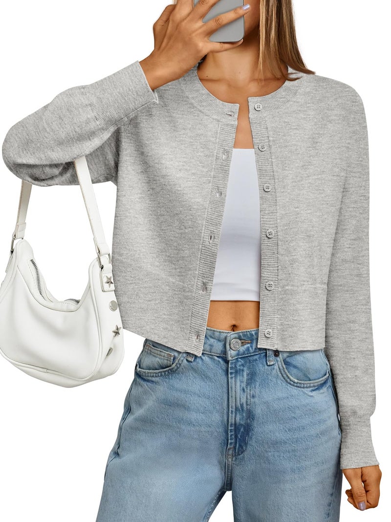 LILLUSORY Cropped Lightweight Cardigan Sweaters for Women Crew Neck Summer Clothes Fashion Spring Outfits 2026 Grey L - Image 1