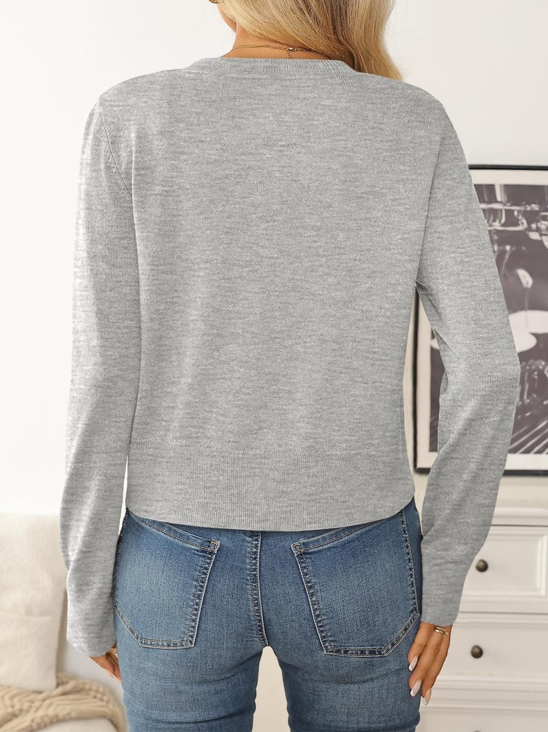 LILLUSORY Cropped Lightweight Cardigan Sweaters for Women Crew Neck Summer Clothes Fashion Spring Outfits 2026 Grey L - Image 4
