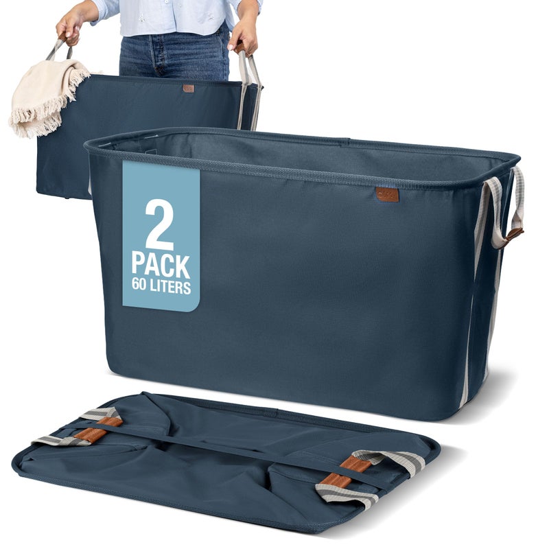 CleverMade Collapsible Laundry Basket LUXE 2 Pack 60 L 16 Gal Foldable Cotton Blend Clothes Hamper with Vegan Leather Accents Reinforced Handles Space Saving Laundry Bin Holds 55 lbs Navy - Image 2
