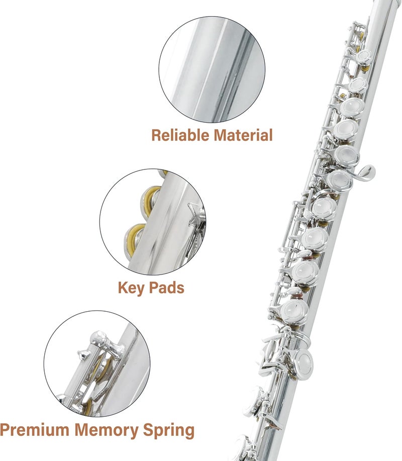 Cecilio Closed Hole C Flute - Musical Instrument, Beginner/Intermediate Flute in Band & Orchestra, Nickel - Image 2