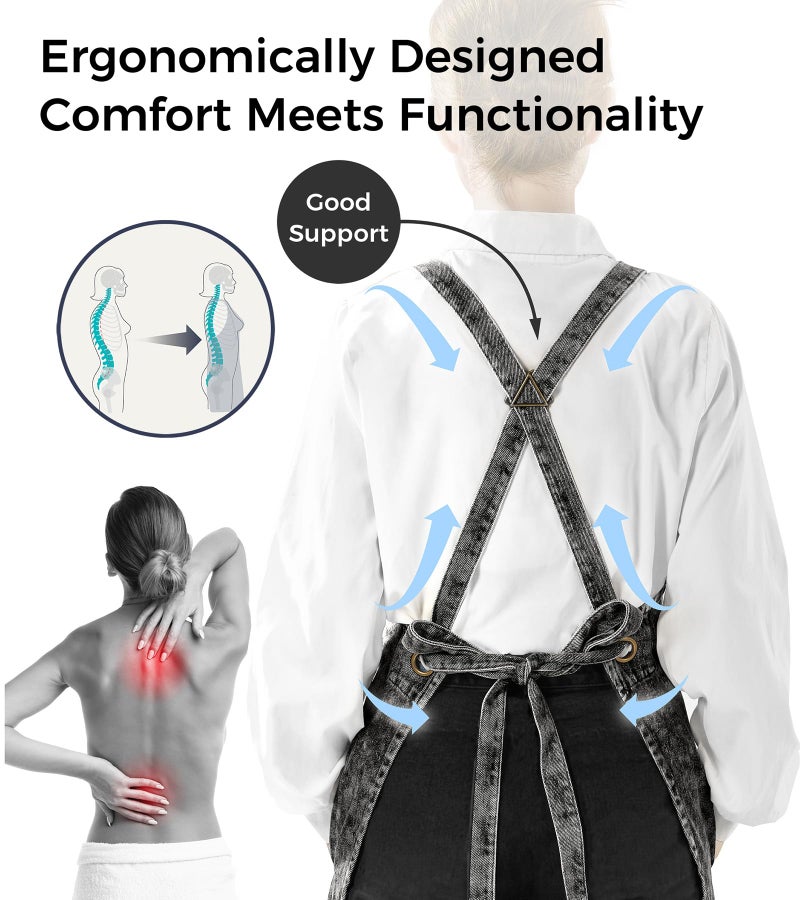 Vammcht Denim Aprons for Women with Multi-pockets, Adjustable Comfortable Cross Back Straps Aprons, Hairdresser Apron for Salon Dairstylist Nail Tech Cosmetology Barber Gardening Barista Gift Black - Image 4