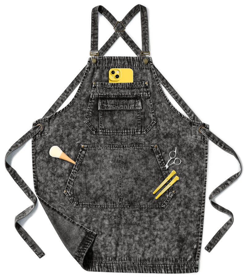 Vammcht Denim Aprons for Women with Multi-pockets, Adjustable Comfortable Cross Back Straps Aprons, Hairdresser Apron for Salon Dairstylist Nail Tech Cosmetology Barber Gardening Barista Gift Black - Image 1