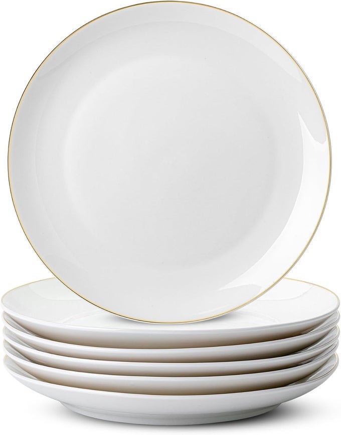 WHITE PORCELAIN DINNER PLATES WITH GOLD RIM SET OF 6 105 ROUND CLASSIC STYLE SOLID PATTERN DURABLE AND EASY TO CLEAN NOT MICROWAVE SAFE