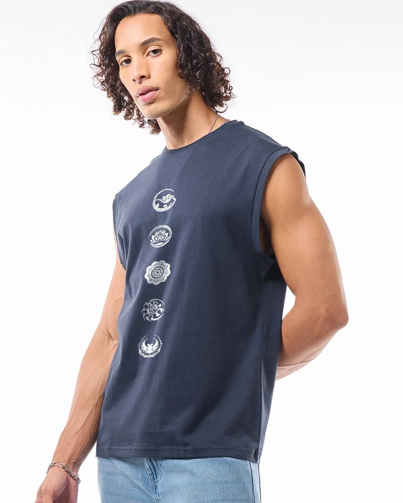 bewakoof Men's Navy Blue Seek Balance Graphic Printed Boxy Fit Vest