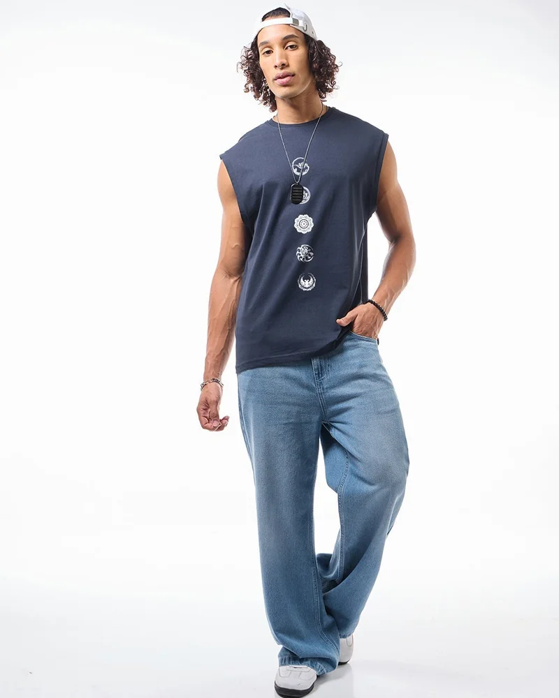 bewakoof  Men's Navy Blue Seek Balance Graphic Printed Boxy Fit Vest for Men | Best Price UAE