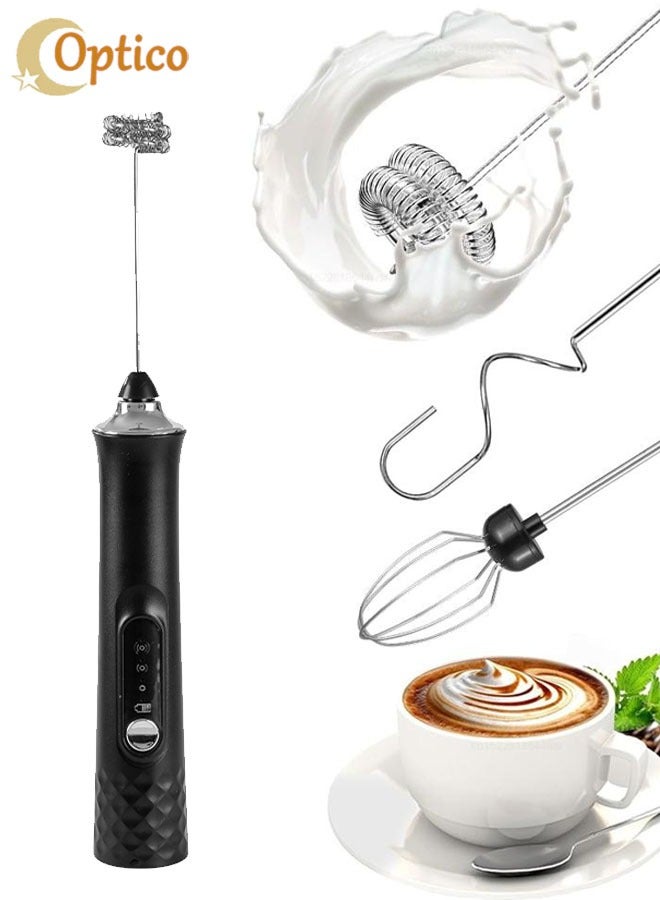 Optico Electric Milk Frother with 3 Whisks, USB-C Charging Handheld Foam Maker Electric Milk Frother Handheld Electric Whisk Coffee Frother Egg Beater Milk Cappuccino Latte Frother Drink Mixer Kitchen Tools - Image 1
