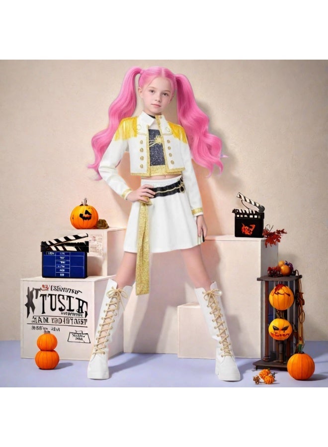 Halamodo 3 PCS K-POP Demon Hunter Girl Group Rumi Mira Zoey Cosplay Costume (Fringe Style) Set, Popular Singer Embroidered Stage Outfit, Girls Dance Performance Clothing Suit, Children Role-Play Costume ,For Ages 3-10 Children's Costumes - Image 3