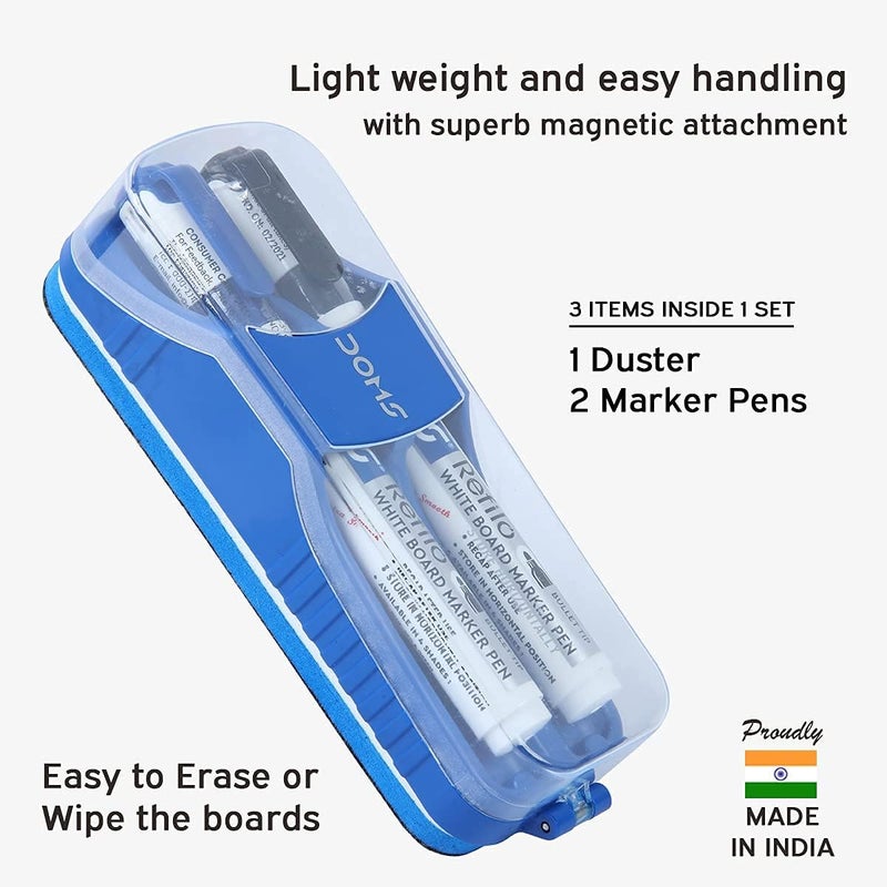 DOMS Fine Magnetic Whiteboard Duster Marker Set Easy To Wipe Refillable White Board Marker With Good Grip Set Of 2 Markers & 1 Duster Blue & Black Ink, Pack Of 1 - Image 3