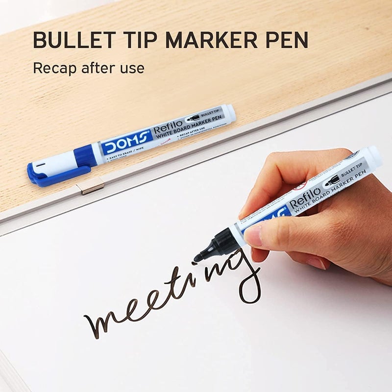 DOMS Fine Magnetic Whiteboard Duster Marker Set Easy To Wipe Refillable White Board Marker With Good Grip Set Of 2 Markers & 1 Duster Blue & Black Ink, Pack Of 1 - Image 4