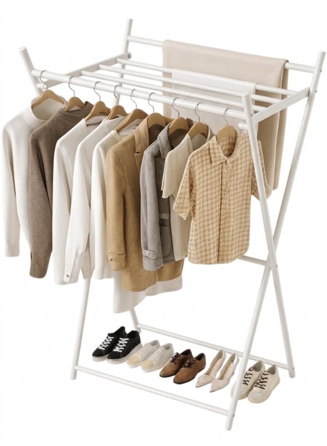 Cross-shaped trolley clothes rack and drying rack - Foldable vertical metal clothes drying rack (130 x 68 cm) - Multifunctional clothes rack with hanging bars and bottom shoe shelf, space-saving X-shaped laundry organizer, durable for indoor and outdoor use - White - Image 1