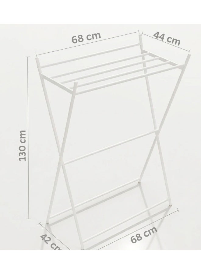 Cross-shaped trolley clothes rack and drying rack - Foldable vertical metal clothes drying rack (130 x 68 cm) - Multifunctional clothes rack with hanging bars and bottom shoe shelf, space-saving X-shaped laundry organizer, durable for indoor and outdoor use - White - Image 3