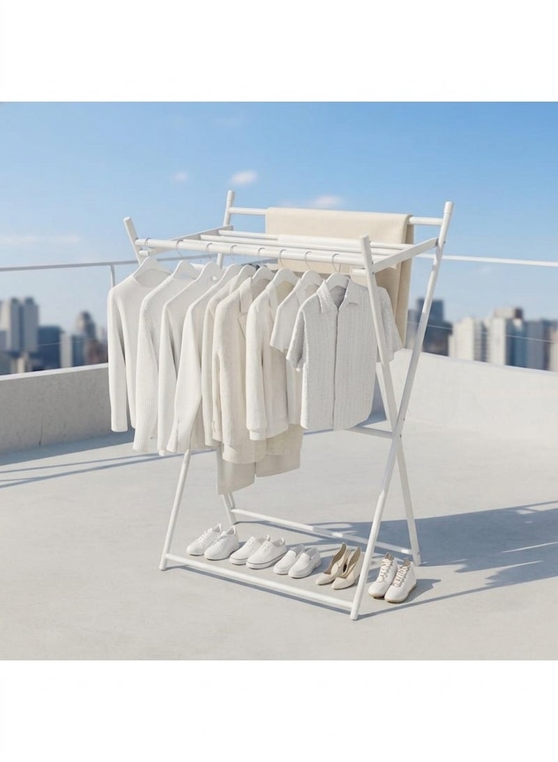 Cross-shaped trolley clothes rack and drying rack - Foldable vertical metal clothes drying rack (130 x 68 cm) - Multifunctional clothes rack with hanging bars and bottom shoe shelf, space-saving X-shaped laundry organizer, durable for indoor and outdoor use - White - Image 4