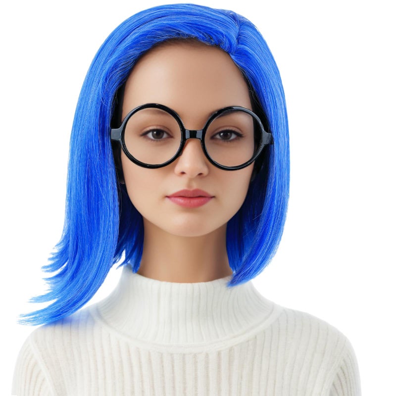 morvally Blue Costume Wig and Glasses for Women Short Blue Bob Wig Fun Emotion Anime Cosplay Halloween Wig Adults