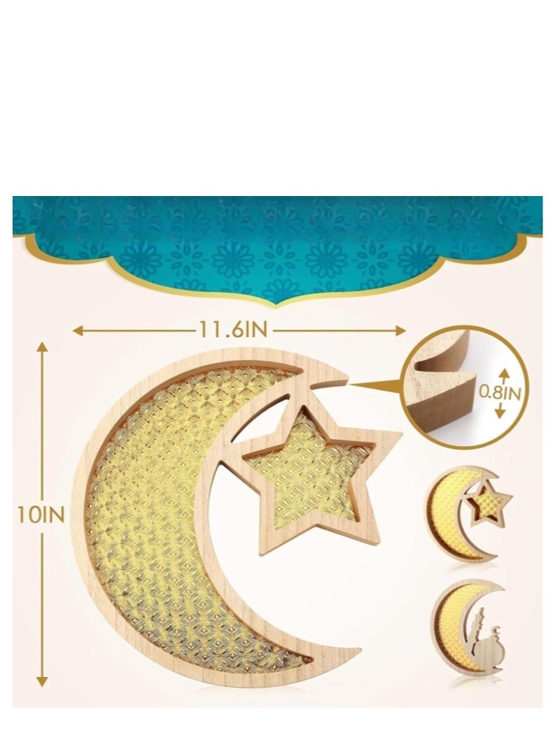 XiuWoo Ramadan Tray Eid Mubarak Tray Ramadan Kareem Moon Star Shape Tray Decoration Islam Wooden Artistic Moon Star Dessert Tray Ramadan Decorations for Table Moon Star Dessert Tray - Image 2