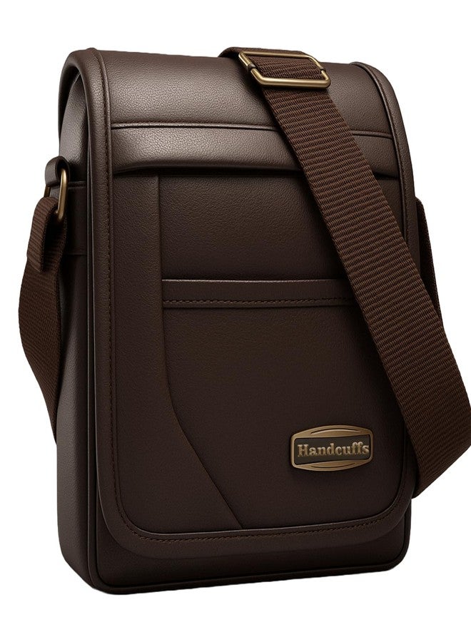 Handcuffs Mens Sling Bag | Pu Leather | Messenger | One Side | Shoulder | Cross Body | Stylish | Small | Casual | Travel | Office | Bag (Brown) - Image 1