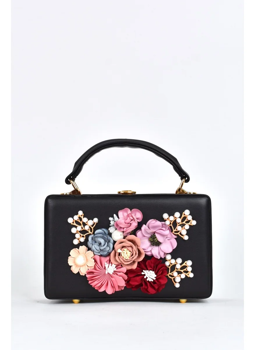 Elatae Women's Shoulder Strap Floral Stone Evening Dress Daily Hand Bag Black 17612