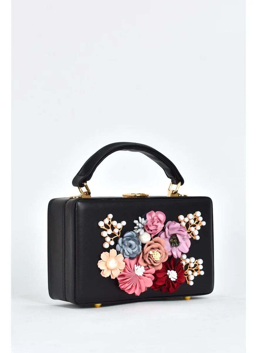 Elatae Women's Shoulder Strap Floral Stone Evening Dress Daily Hand Bag Black 17612