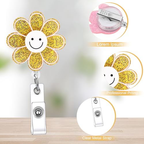 Remuuly 8 Pcs Cute Nurse Badge Reel Retractable Glitter Cow Daisy Smile Face Pink Bow Girly Funny Nurse Accessories Name Tag ID Clip Holder for Office School Hospital Teacher(Smile) - Image 3