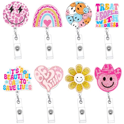 Remuuly 8 Pcs Cute Nurse Badge Reel Retractable Glitter Cow Daisy Smile Face Pink Bow Girly Funny Nurse Accessories Name Tag ID Clip Holder for Office School Hospital Teacher(Smile) - Image 1