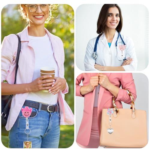 Remuuly 8 Pcs Cute Nurse Badge Reel Retractable Glitter Cow Daisy Smile Face Pink Bow Girly Funny Nurse Accessories Name Tag ID Clip Holder for Office School Hospital Teacher(Smile) - Image 5