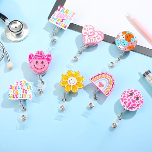Remuuly 8 Pcs Cute Nurse Badge Reel Retractable Glitter Cow Daisy Smile Face Pink Bow Girly Funny Nurse Accessories Name Tag ID Clip Holder for Office School Hospital Teacher(Smile) - Image 4
