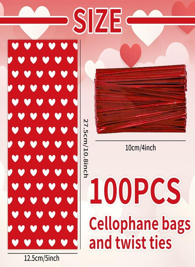 Whaline 100 Pcs Valentine's Day Cellophane Treat Bags Red Heart Party Favor Gift Bags with 100 Pcs Twist Ties Candy Goodie Bag for Wedding Anniversary Birthday Party Supplies - Image 2