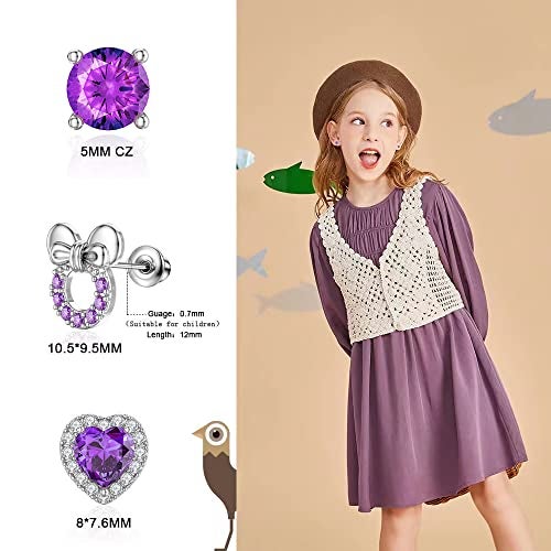 TOPBRIGHT 8 Pairs Hypoallergenic Earrings 925 Sterling Silver Stud Earrings Purple Heart CZ Tiny Butterfly For Kids, Toddlers, Little Girls, Teens, Women - Image 3