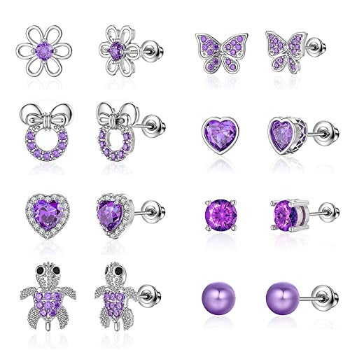 TOPBRIGHT 8 Pairs Hypoallergenic Earrings 925 Sterling Silver Stud Earrings Purple Heart CZ Tiny Butterfly For Kids, Toddlers, Little Girls, Teens, Women - Image 1