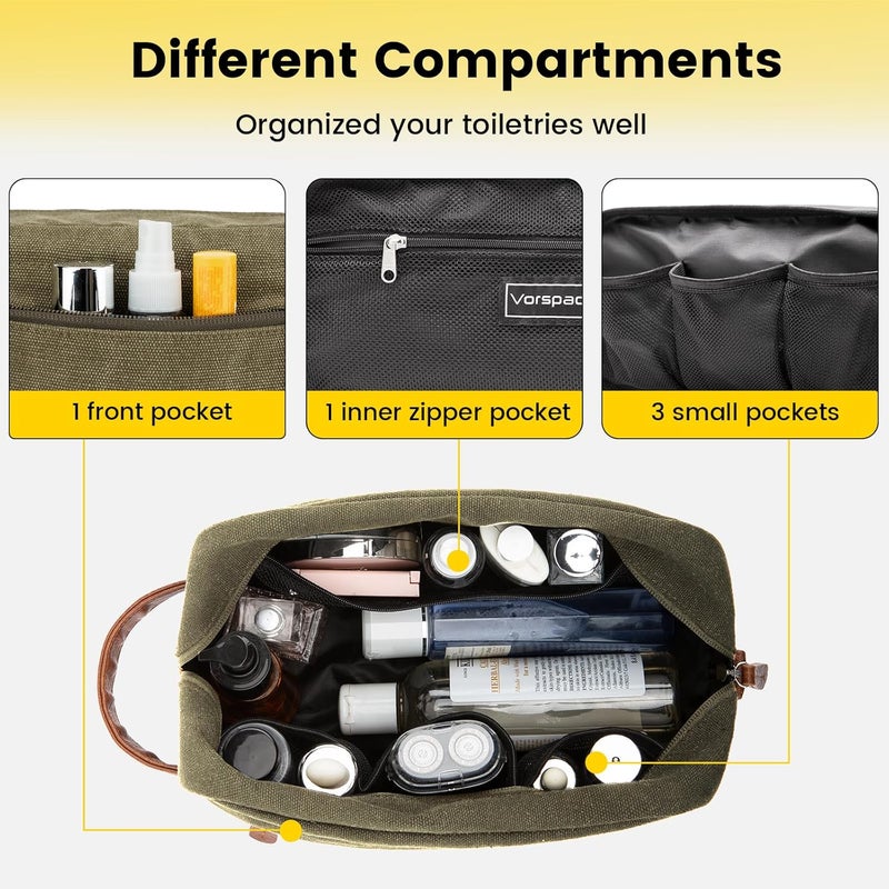 Vorspack Travel Toiletry Bag - Hanging Toiletry Bag for Men Water Resistant Canvas Shaving Bag for Travel, Green, Medium - Image 4