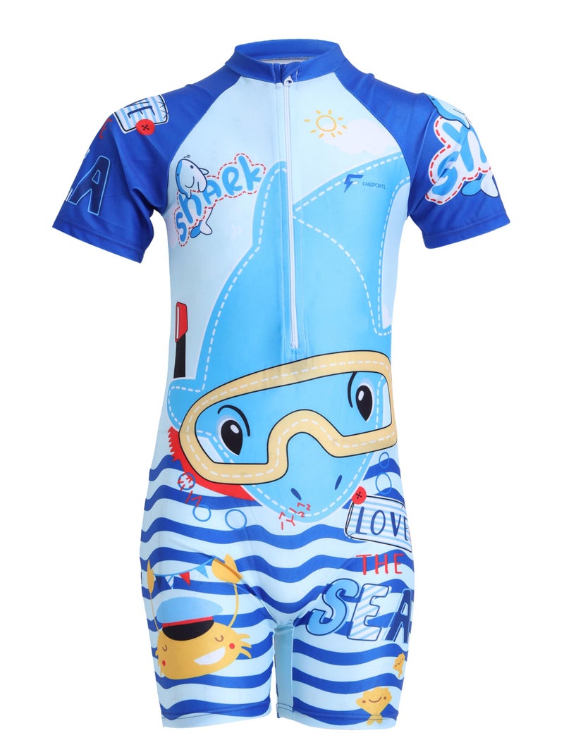 FABSPORTS Kids Swimsuit Set Printed One-Piece Swimwear for Boys & Girls, Half Sleeve Bathing Suit, Comfortable Swimming Costume for Children, 6-8 Years Blue - Image 1
