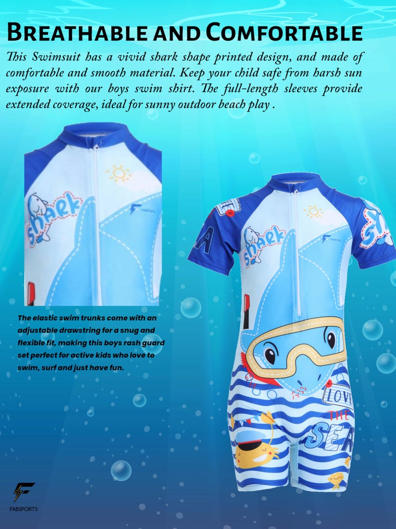 FABSPORTS Kids Swimsuit Set Printed One-Piece Swimwear for Boys & Girls, Half Sleeve Bathing Suit, Comfortable Swimming Costume for Children, 6-8 Years Blue - Image 2