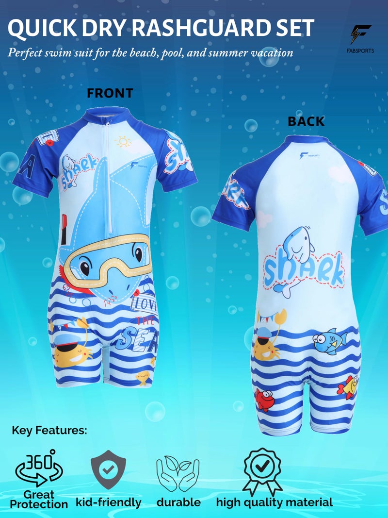 FABSPORTS Kids Swimsuit Set Printed One-Piece Swimwear for Boys & Girls, Half Sleeve Bathing Suit, Comfortable Swimming Costume for Children, 6-8 Years Blue - Image 3