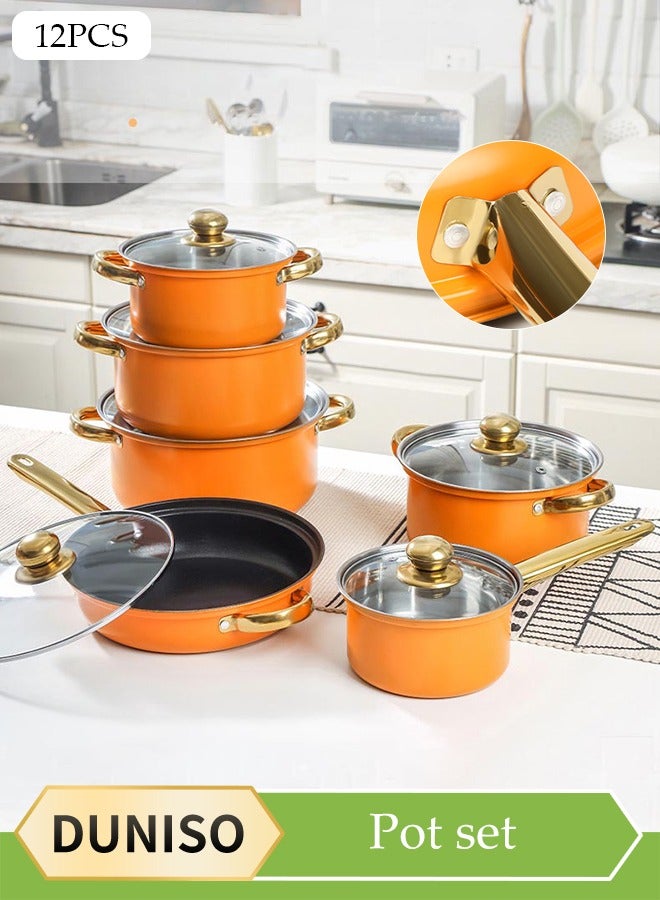 DUNISO 12 Pcs Stainless Steel Cookware, Non Stick Household Kitchen Pot, Ergonomic Gold-Plated Handle, Easy To Clean, Stackable, With Frying Pan, Soup Pot, And Milk Pot, Suitable For Induction Cookers, Dishwashers, Ovens - Image 1
