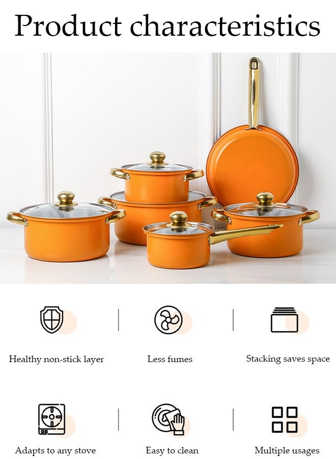 DUNISO 12 Pcs Stainless Steel Cookware, Non Stick Household Kitchen Pot, Ergonomic Gold-Plated Handle, Easy To Clean, Stackable, With Frying Pan, Soup Pot, And Milk Pot, Suitable For Induction Cookers, Dishwashers, Ovens - Image 3