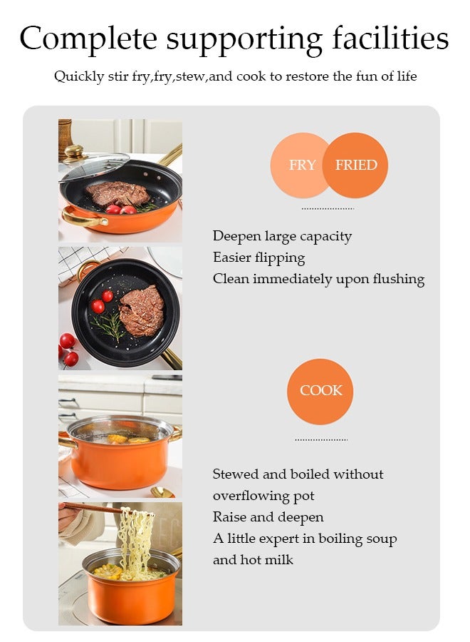 DUNISO 12 Pcs Stainless Steel Cookware, Non Stick Household Kitchen Pot, Ergonomic Gold-Plated Handle, Easy To Clean, Stackable, With Frying Pan, Soup Pot, And Milk Pot, Suitable For Induction Cookers, Dishwashers, Ovens - Image 5