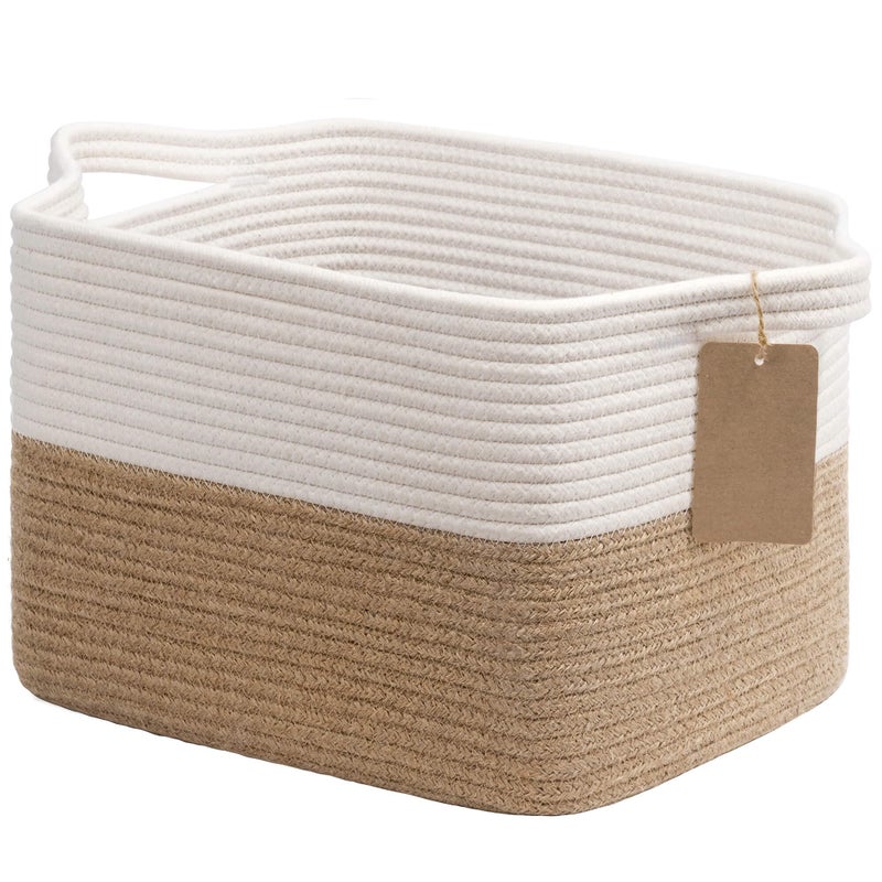 Goodpick Woven Storage Basket for Shelves, Medium Empty Gift Basket with Handles, Square Wicker Dog Toy Baskets, White and Jute Storage Bin, 13 x 10 x 9 Inches - Image 1