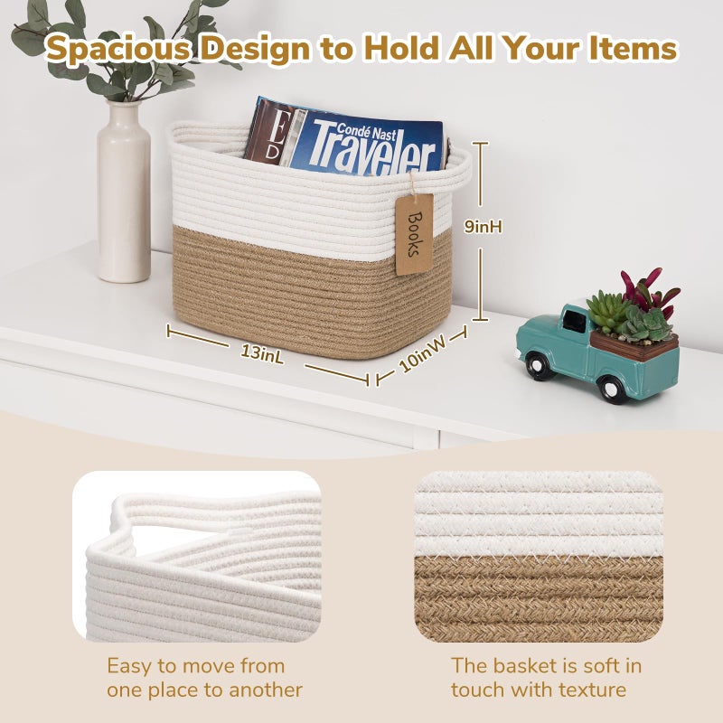 Goodpick Woven Storage Basket for Shelves, Medium Empty Gift Basket with Handles, Square Wicker Dog Toy Baskets, White and Jute Storage Bin, 13 x 10 x 9 Inches - Image 3