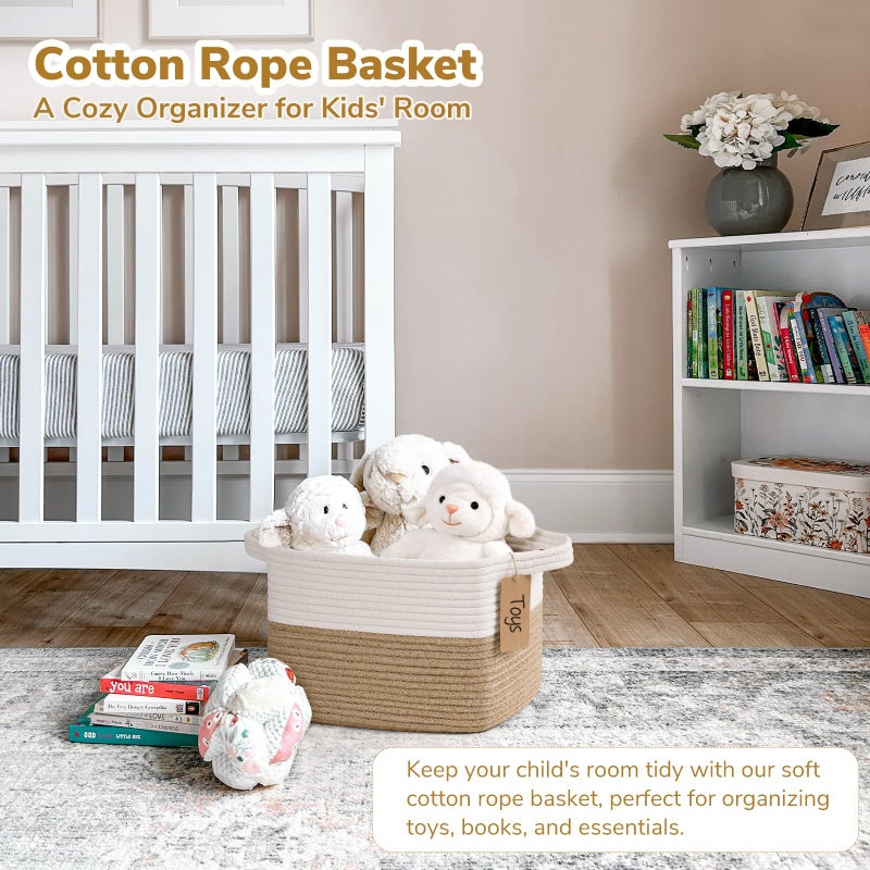 Goodpick Woven Storage Basket for Shelves, Medium Empty Gift Basket with Handles, Square Wicker Dog Toy Baskets, White and Jute Storage Bin, 13 x 10 x 9 Inches - Image 2