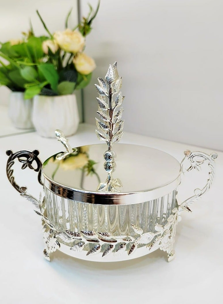 Sugar Bowl with Lid and Spoon Metal Sugar Bowl with Spoon, Sugar Container for Coffee Bar, Sugar Jar Sugar Dispenser Bowl, Silver Kitchen Decor and Accessories
