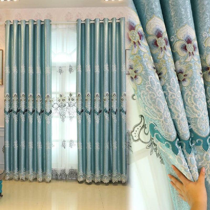 Amidoudou 1 Pair European Luxury Embroidered Curtains for Living Room Bedroom (Blue Green63x96 Inch) - Image 1