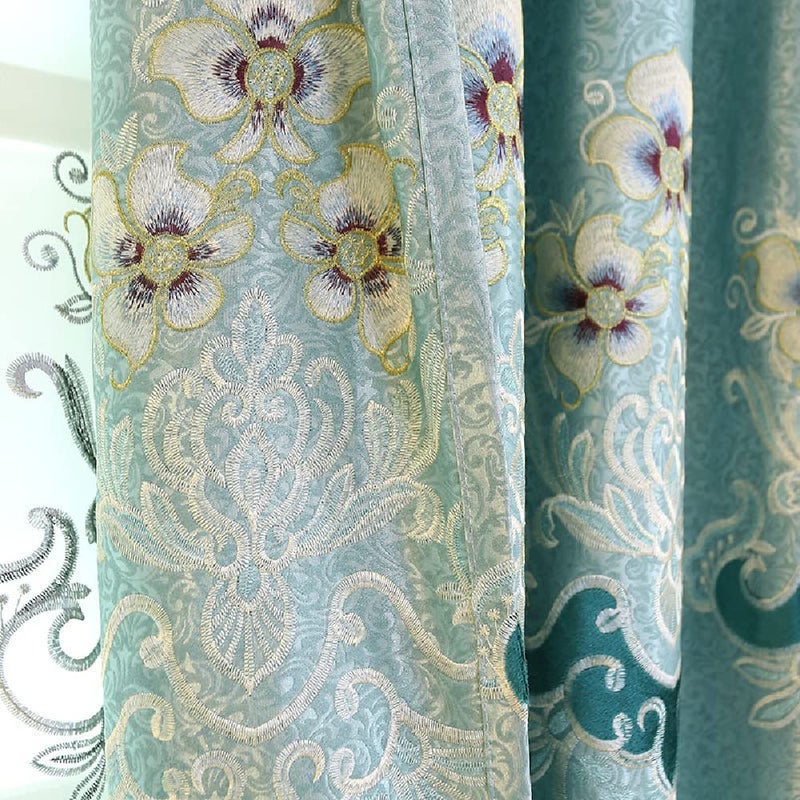 Amidoudou 1 Pair European Luxury Embroidered Curtains for Living Room Bedroom (Blue Green63x96 Inch) - Image 4
