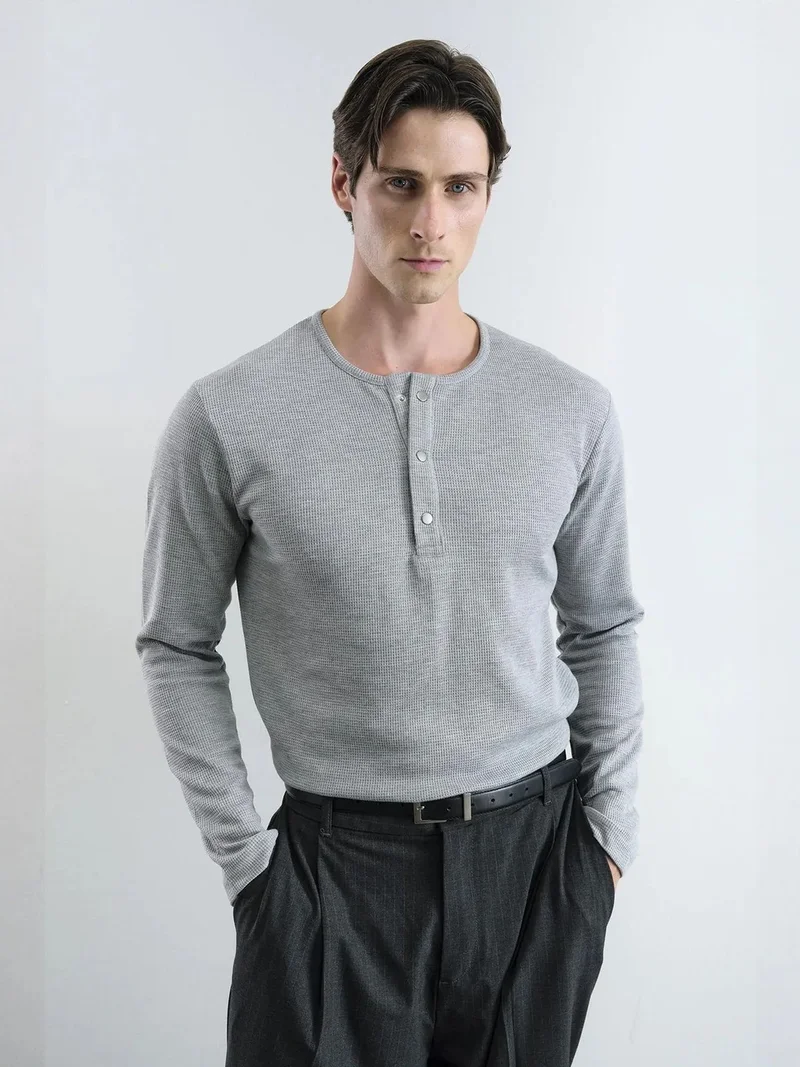 Giesto Grey GIESTO Comfort Fit Button Collar Long Sleeve T-Shirt for Men | Best Price UAE