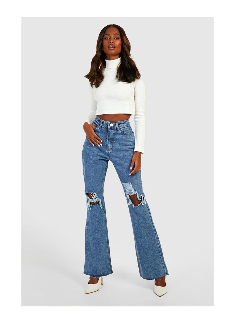 boohoo - High Waisted Ripped Flared Jeans - Image 1