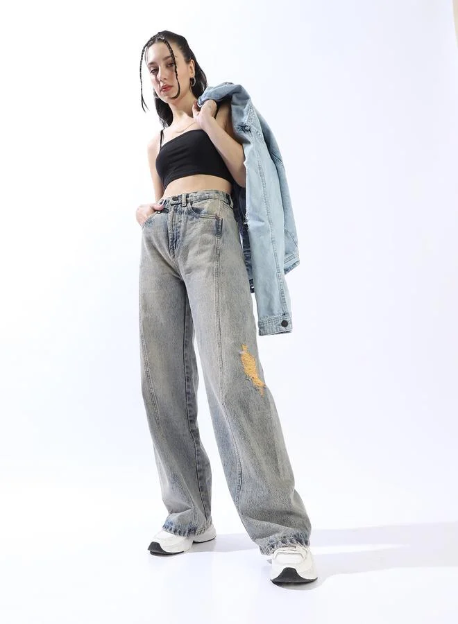 HIGH STAR Women's Blue 100% Cotton Distressed Pattern Full Length Denim Wide Leg Jeans